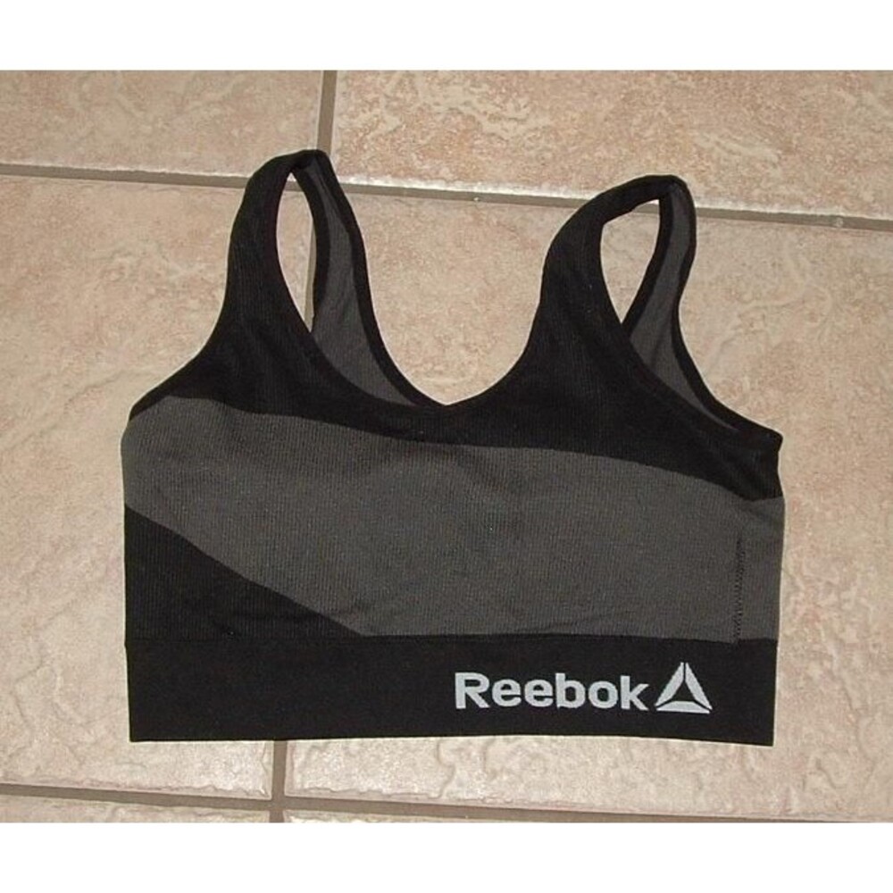 REEBOK Black & Gray Sz XL Stretchy Ribbed Removeable Pads Sports Bra